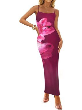Women’s Purple Red Floral Bodycon Maxi Square Neck Boho Beach Summer Long Dress